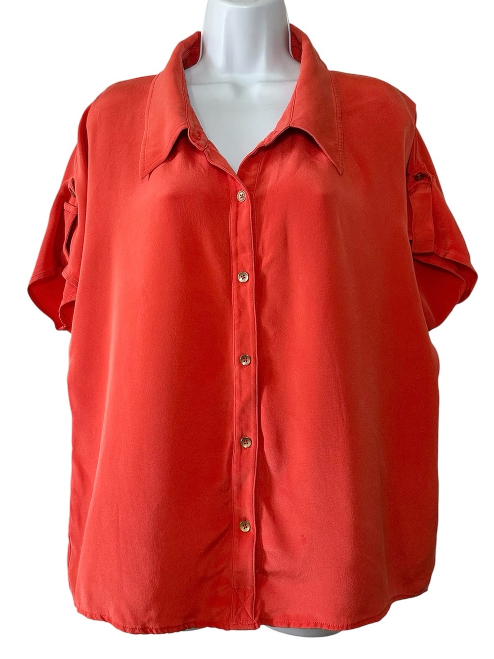 ST. JOHN Women’s Coral Orange Stretch Silk Button Up Collared Blouse- Size 16